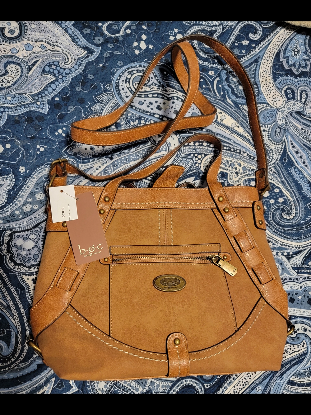 b.o.c. Cognac Brown Shoulder Satchel with Front Zip Pocket